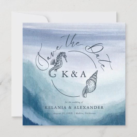 SEATERNAL Ocean Waves Nautisch Monogram Bruiloft Save The Date (Voorkant)