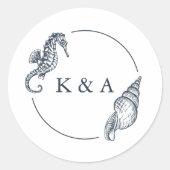 SEATERNAL Seahorse & Zee Shell Bruiloft Monogram Ronde Sticker (Voorkant)