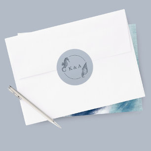 SEATERNAL Seahorse & Zee Shell Bruiloft Monogram Ronde Sticker