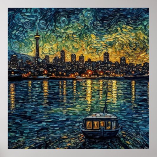 Seatle Space Needle in van Gogh stijl Poster (Voorkant)