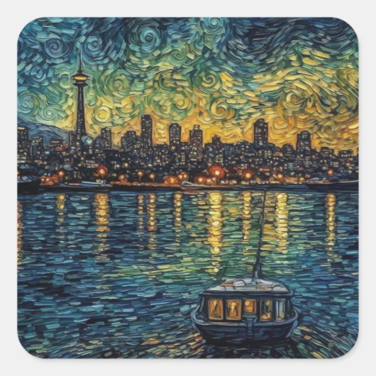 Seatle Space Needle in van Gogh stijl Vierkante Sticker (Voorkant)