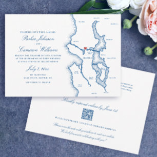 Seattle Alles-in-één QR-code RSVP Blauwe Huwelijk Kaart
