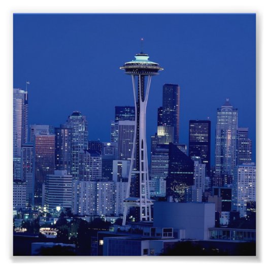 Seattle at Night Washington Downtown Space Needle Foto Afdruk (Voorkant)