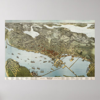 Seattle birdseye map - 1891 (Koch) BigMapBlog Poster