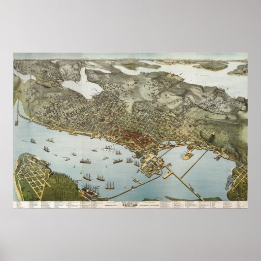 Seattle birdseye map - 1891 (Koch) BigMapBlog Poster (Voorkant)
