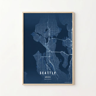 Seattle Blauwe Kaart Afdruk Washington Stad Muurku Poster