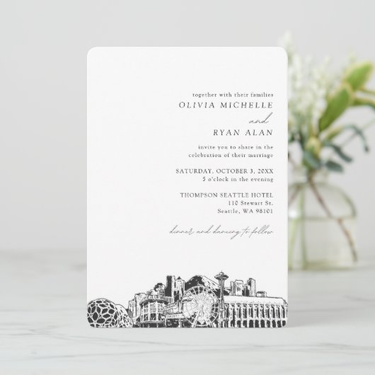 Seattle bruiloft elegante skyline uitnodiging (Staand voorkant)