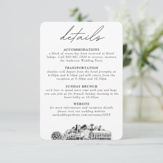 Seattle bruiloft kleine verticale details informatiekaartje (Staand voorkant)