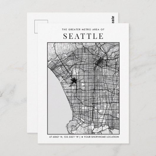 Seattle City Map + Locatiemerkteken Briefkaart (Voorkant / Achterkant)