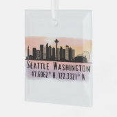 Seattle City Skyline Latitude en Lengtegraad Glas Ornament (Voorkant links)