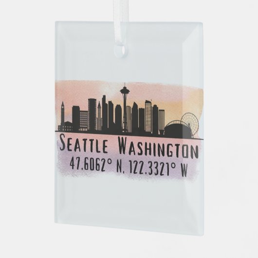 Seattle City Skyline Latitude en Lengtegraad Glas Ornament (Voorkant links)