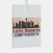 Seattle City Skyline Latitude en Lengtegraad Glas Ornament (Voorkant Rechts)