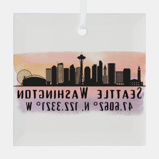 Seattle City Skyline Latitude en Lengtegraad Glas Ornament (Achterkant)