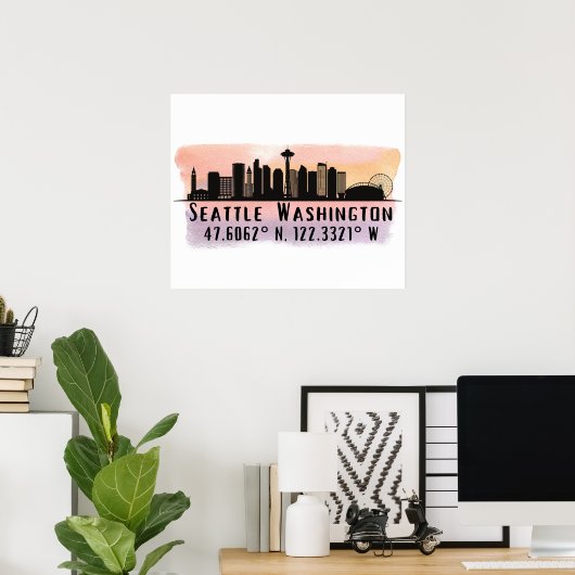 Seattle City Skyline Latitude en Longitude Print (Thuiskantoor)