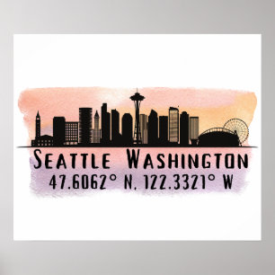 Seattle City Skyline Latitude en Longitude Print