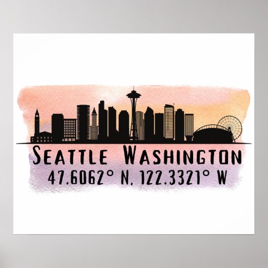 Seattle City Skyline Latitude en Longitude Print (Voorkant)