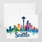 Seattle City waterverf Skyline Briefkaart (Voorkant / Achterkant)