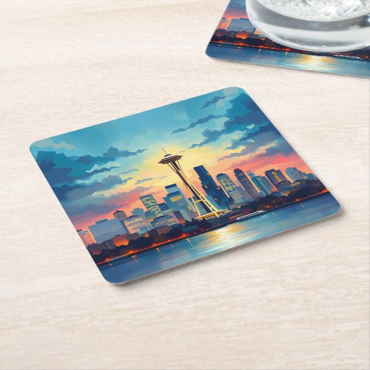 Seattle Digital Painting Skyline Onderzetter Set (Schuin)