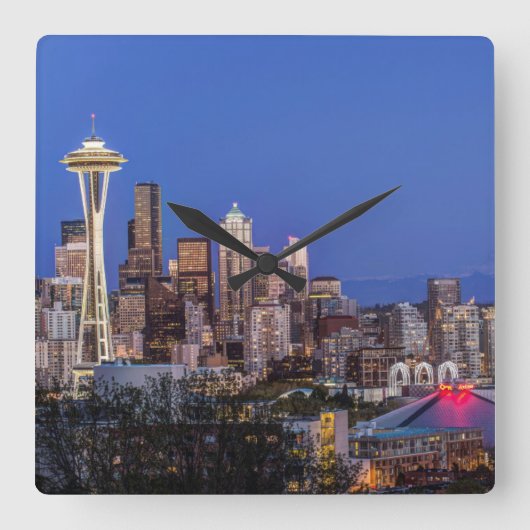 Seattle, Downtown en Mt. Rainier in de schemering Vierkante Klok (Voorkant)