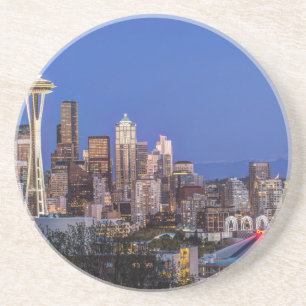 Seattle, Downtown en Mt. Rainier in de schemering Zandsteen Onderzetter