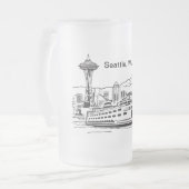 Seattle Ferry & Skyline Lijnkunst Washington State Matglas Bierpul (Voorkant links)