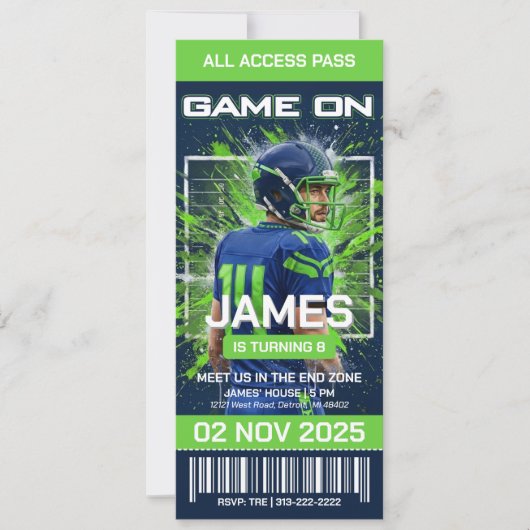 Seattle Football Ticket Birthday Invitation Kaart (Voorkant)
