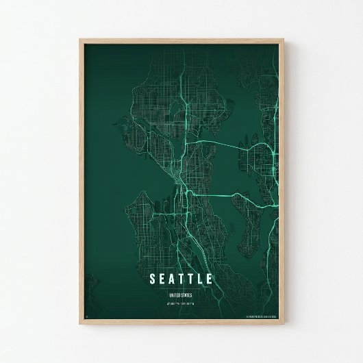 Seattle Kaart Print Washington Stad Muur Kunst Cad