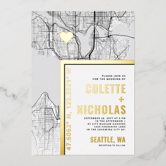 Seattle Love Locator | Themahuwelijk in de stad Folie Uitnodiging (Voorkant)
