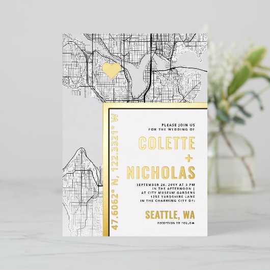 Seattle Love Locator | Themahuwelijk in de stad Folie Uitnodiging (Staand Voorkant)