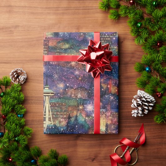 Seattle met Kerstmis & Nieuwjaar in Waterverf Cadeaupapier (Feestdagen Geschenken)