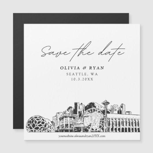 Seattle Modern Sketch Square Save the Date Magnet (Voorkant / Achterkant)