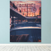 Seattle Pike Market Center bij zonsondergang Canvas Afdruk (Insitu (Houten vloer))