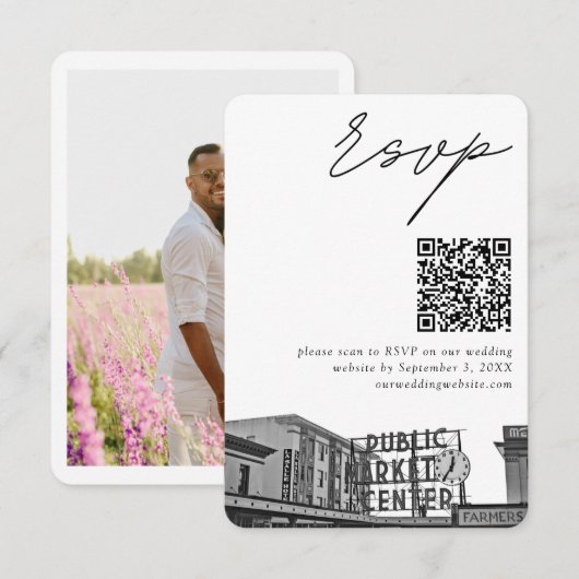 Seattle Pikes Place Bruiloft RSVP QR Code Klein Informatiekaartje (Voorkant / Achterkant)