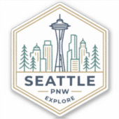 Seattle PNW Silhouette Minimal Hexagonaal Badge Sticker (Voorkant)