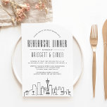 Seattle Rehearsal Dinner | Uitnodiging van de City<br><div class="desc">Een unieke uitnodiging voor een repetitief diner voor een huwelijk in de prachtige stad Seattle in Washington. Deze uitnodiging bevat een gestileerde illustratie van de unieke skyline van de stad. Dit wordt gevolgd door je repetitieve dinerinformatie in een vergelijkbare open stijl. Aan de achterkant van de uitnodiging is een diepe...</div>