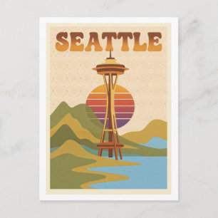 Seattle Retro 1970s Kleurrijke AI Reisansichtkaart Briefkaart
