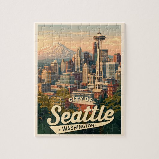 Seattle Silhouet – Space Needle & Mount Rainier Legpuzzel (Verticaal)