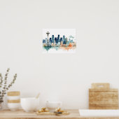 Seattle Silhouette in waterverfkleuren Poster (Keuken)