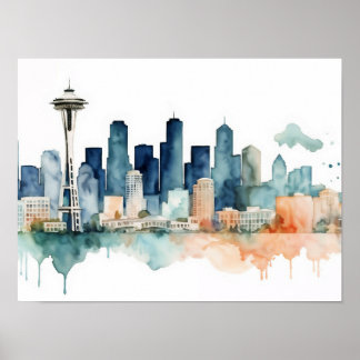 Seattle Silhouette in waterverfkleuren Poster