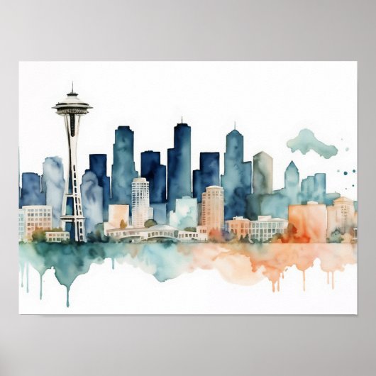 Seattle Silhouette in waterverfkleuren Poster (Voorkant)