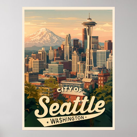 Seattle Silhouette – Space Needl & Mount Rainier Poster (Voorkant)