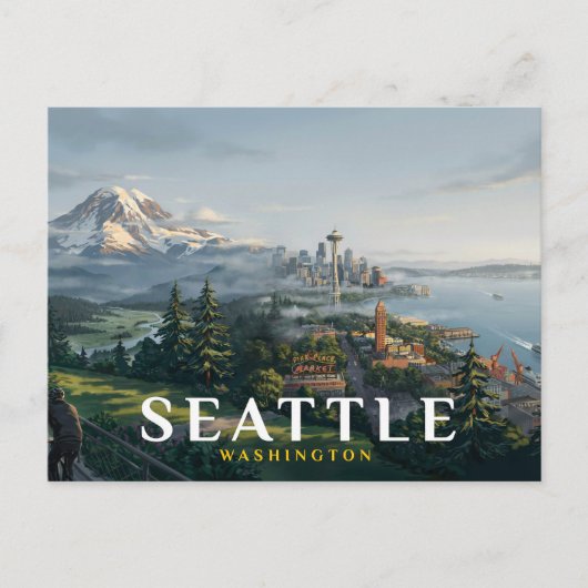 Seattle Silhouette Space Needle Mount Rainier Reis Briefkaart (Voorkant)