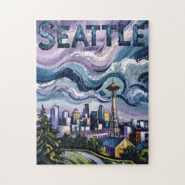 Seattle Silhouette Van Gogh Stijl Vintage Reis Kun Legpuzzel