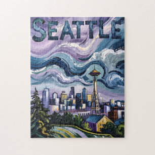 Seattle Silhouette Van Gogh Stijl Vintage Reis Kun Legpuzzel