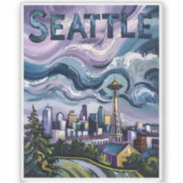 Seattle Silhouette Van Gogh Stijl Vintage Reis Kun Sticker