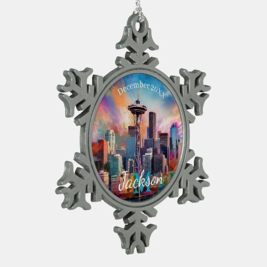 Seattle Skyline Abstracte kunst Tin Sneeuwvlok Ornament (Links)