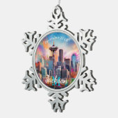 Seattle Skyline Abstracte kunst Tin Sneeuwvlok Ornament (Rechts)