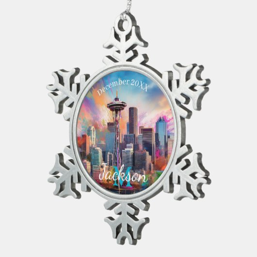 Seattle Skyline Abstracte kunst Tin Sneeuwvlok Ornament (Rechts)