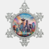 Seattle Skyline Abstracte kunst Tin Sneeuwvlok Ornament (Voorkant)