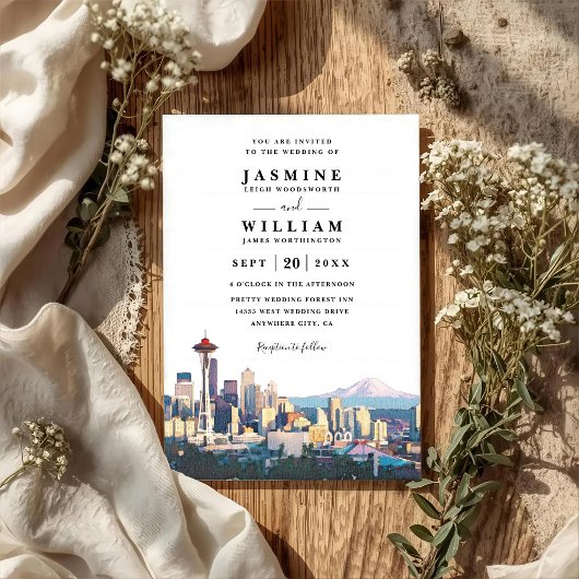 SEATTLE Skyline Destination Modern QR Code Wedding Kaart